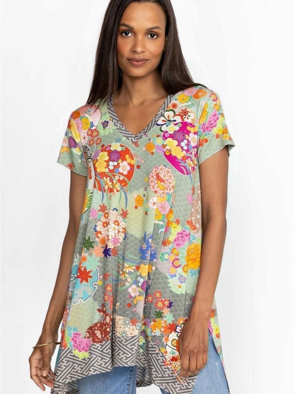 Johnny Was Floral Tunic in Green & Multicolor Size Large